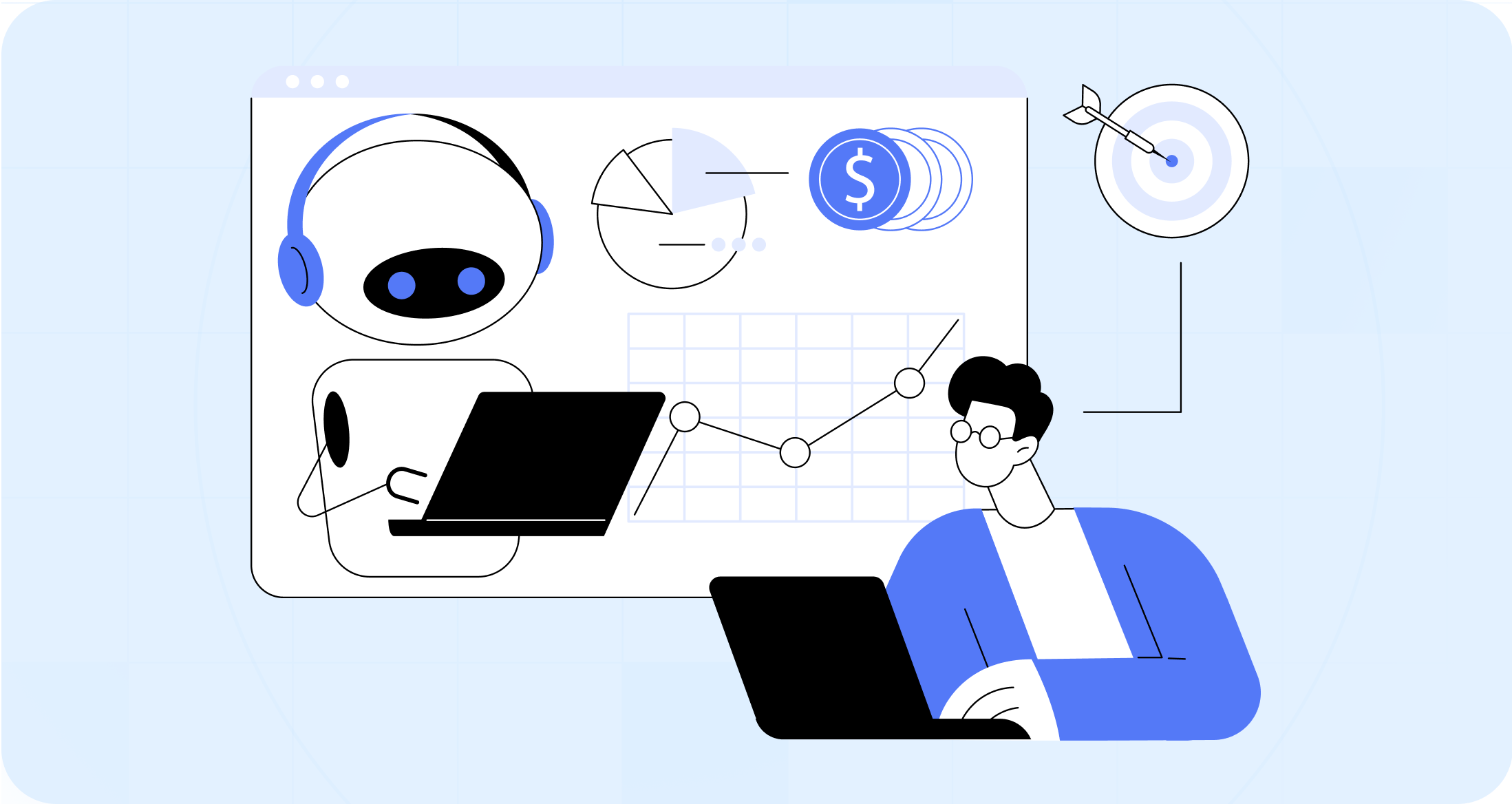 An AI agent with headphones beside pie and line charts, a target, and an analyst at a laptop.