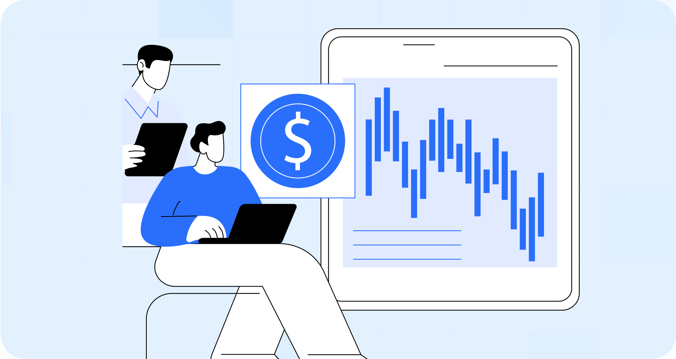 Two analysts at a trading desk beside a large chart of price candles and a dollar coin.